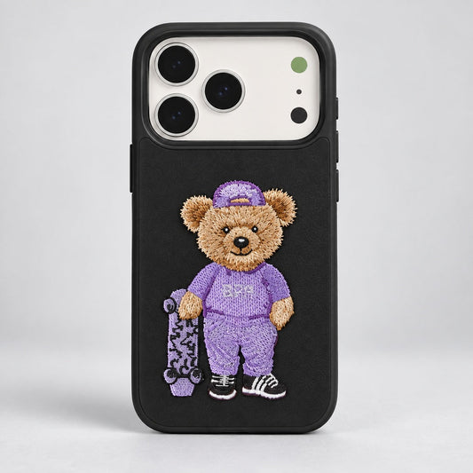 Black Case with Purple Bear Embroidery for iPhone 17 Pro