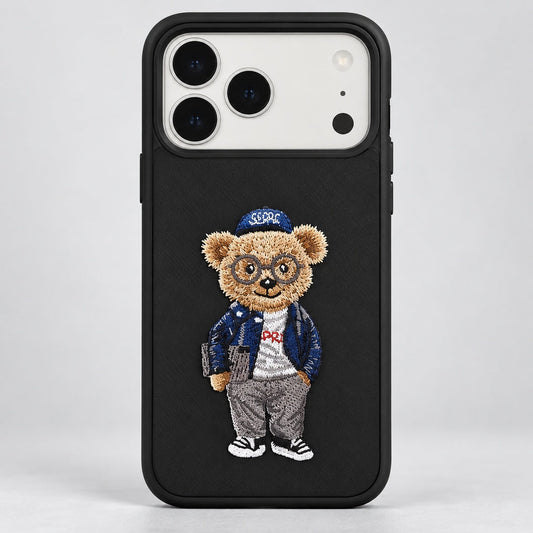 Black Case with Blue Bear Embroidery for iPhone 17 Pro Max